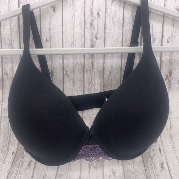 Adore Me Womens 34DDD Lined T Shirt Underwire Padded Demi Bra Black Purple Lace - Picture 1 of 5